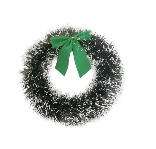 Tinsel Wreath With Green Bow